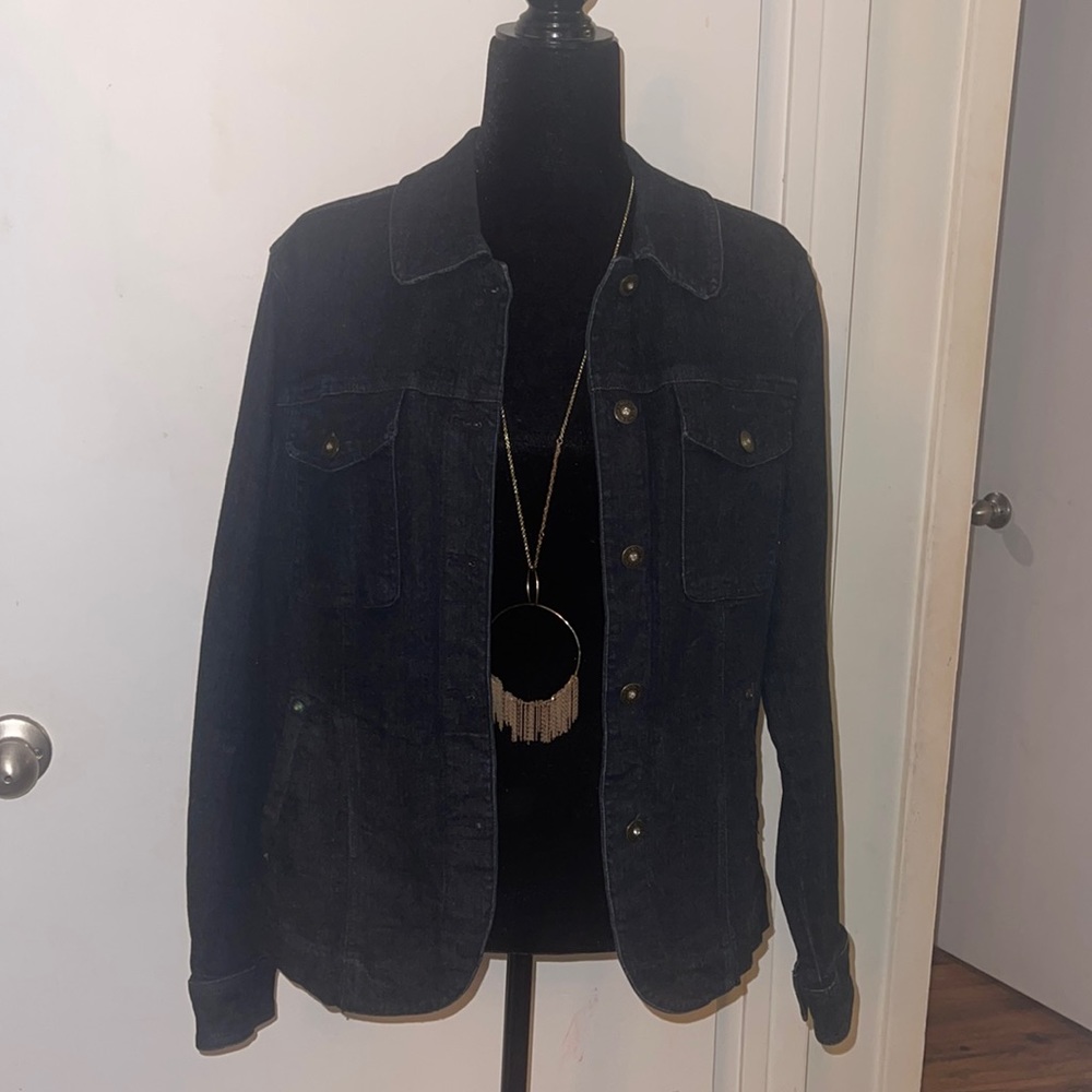 Dark Denim Jean Jacket with Crystal Detail Button